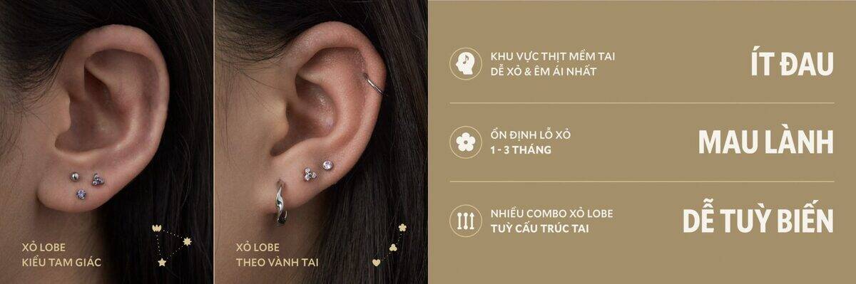Lobe piercing info — ít đau, mau lành, dễ tùy biến
