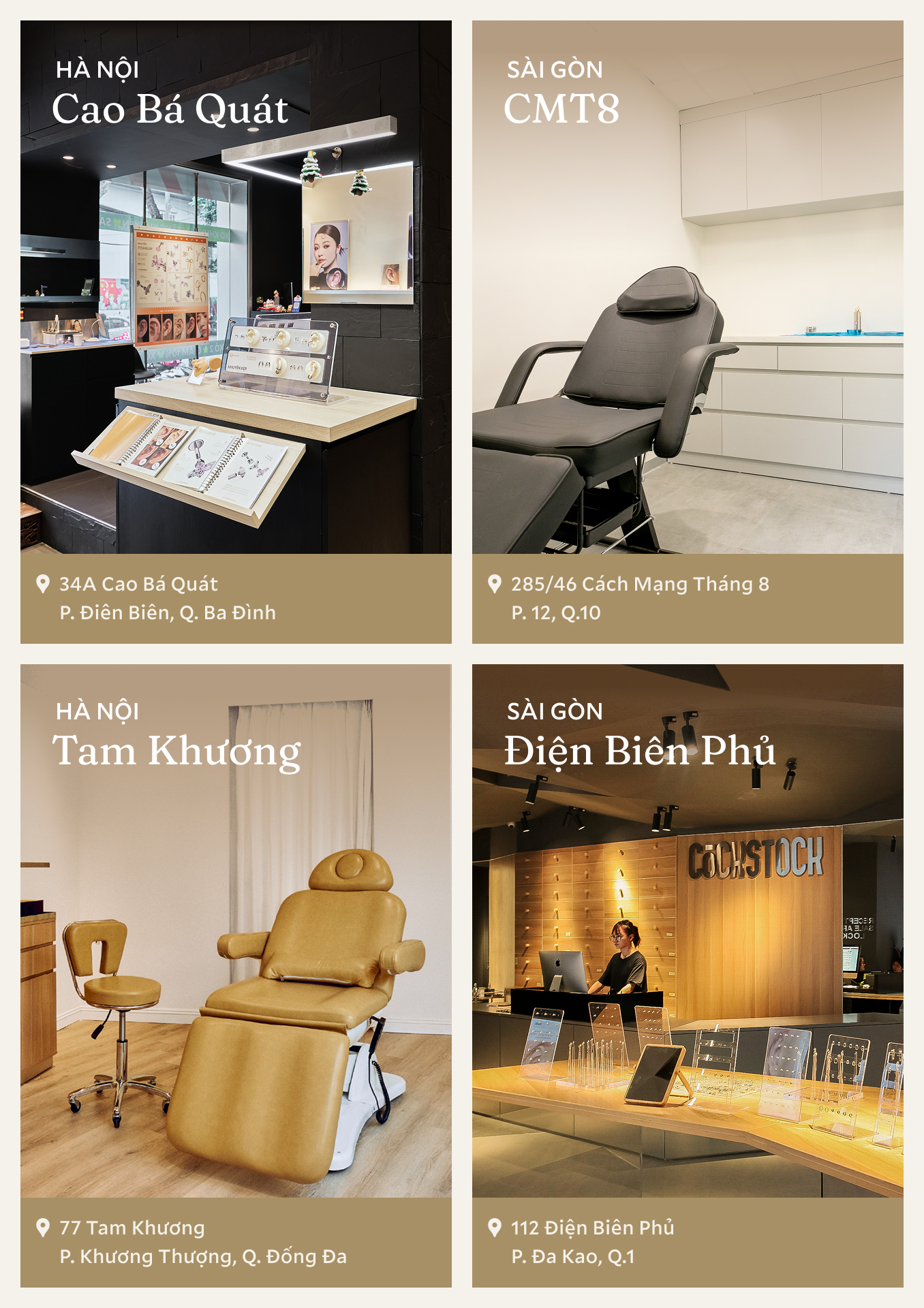 4 cửa hàng COCKSTOCK — Cao Bá Quát, Tam Khương (Hà Nội), Điện Biên Phủ, CMT8 (Sài Gòn)