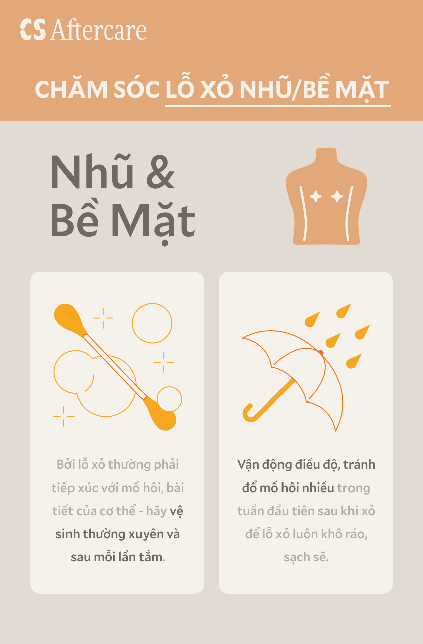 Chăm sóc lỗ xỏ nhũ và bề mặt