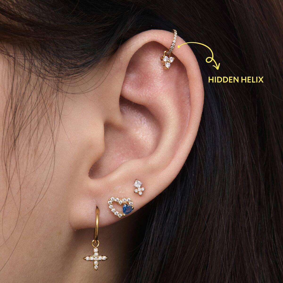 Hidden Helix — Forward helix position with gold jewelry