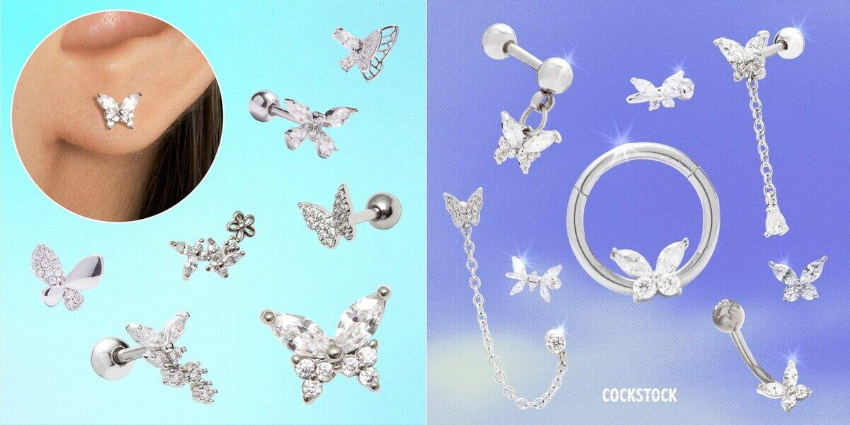 Butterfly jewelry collection — studs, hoops, chain, dangle